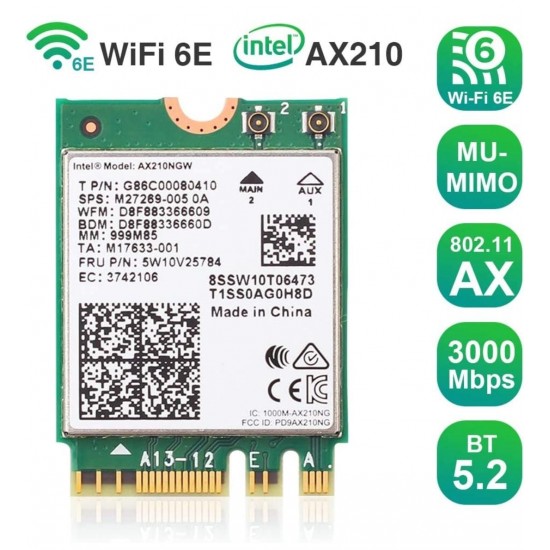 Wireless AX210 NIC, Gigabit Tri-Band Wi-Fi 6E, 802.11AX Standard, Bluetooth 5.2