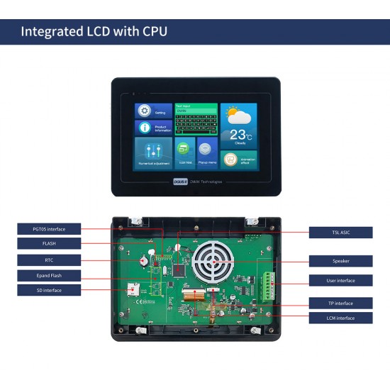 DWIN RS232/RS485 HMI LCD 7inch with Enclosure, Resistive Touch, IPS Screen, Serial UART Intelligent Control, 800*480, 250nit, DMG80480T070_A5WTR