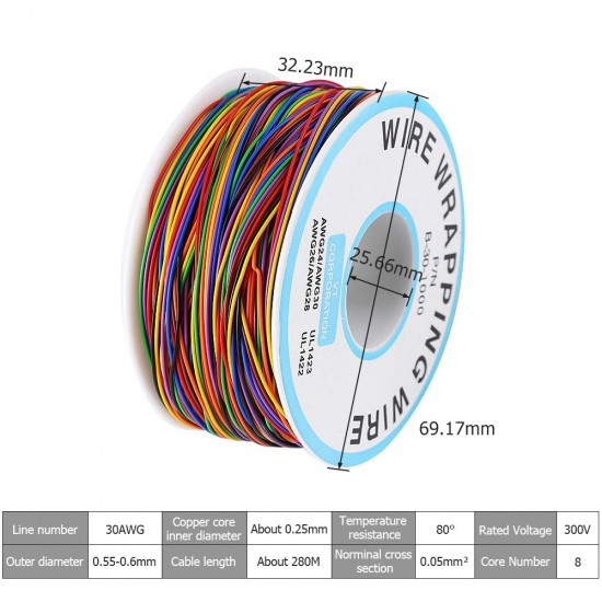 250 Meter Multicolor Circuit Wrapping Wire - PVC Insulated -Tinned Copper Wire - 30AWG - B-30-1000