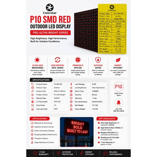 Colorstar P10 Red High Brightness SMD Led Display Panel -2835 Led's- 320x160mm - 1920Hz Refresh Rate - 1 Year Warranty Colorstar P10 Red High Brightness SMD Led Display Panel -2835 Led's- 320x160mm - 1920Hz Refresh Rate - 1 Year Warranty