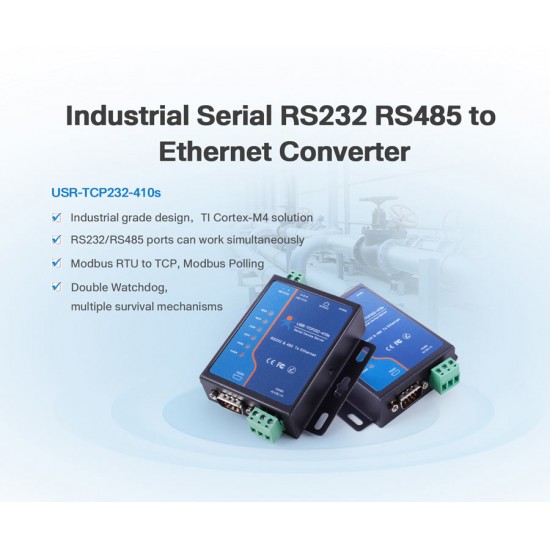 USR-TCP232-410S RS232/RS485 to Ethernet Converter Modbus Support (Power Adapter & Serial Cable Included)