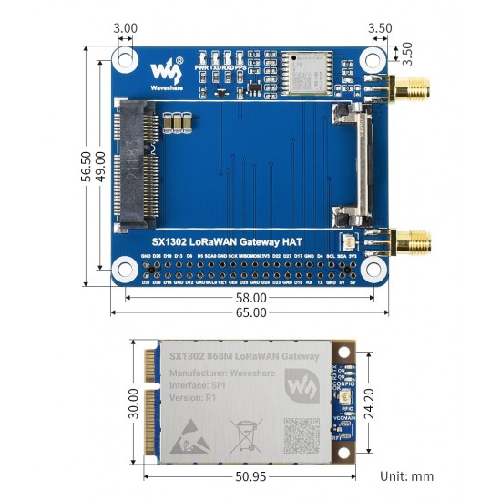 SX1302 868M LoRaWAN Gateway HAT for Raspberry Pi, Standard Mini-PCIe Socket, Long range Transmission