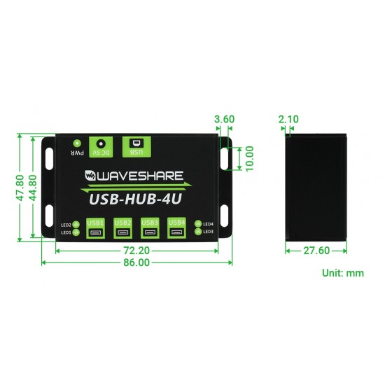 Waveshare Industrial Grade USB HUB, Extending 4x USB 2.0 Ports Including Power Adapter 