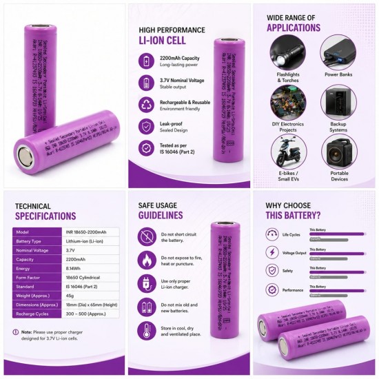 INR 18650 2200mAh 3.7V Li-ion Rechargeable Battery | High Capacity Lithium Cell INR 18650 2200mAh 3.7V Li-ion Rechargeable Battery | High Capacity Lithium Cell