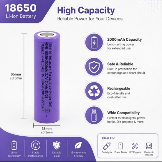 18650 Li-ion Battery 2000mAh 3.7V Rechargeable Cell for Power Banks & DIY Projects 18650 Li-ion Battery 2000mAh 3.7V Rechargeable Cell for Power Banks & DIY Projects