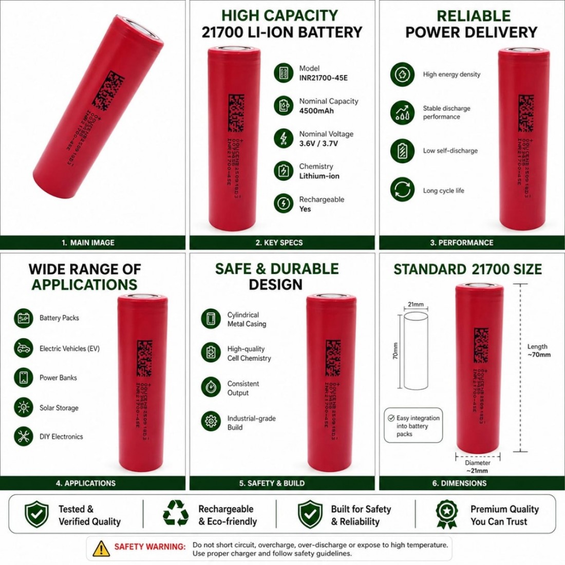 Buy 21700 Li-ion Battery 4500mAh 3.7V INR21700-45E Rechargeable Cell ...