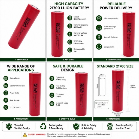21700 Li-ion Battery 4500mAh 3.7V INR21700-45E Rechargeable Cell High Capacity 21700 Li-ion Battery 4500mAh 3.7V INR21700-45E Rechargeable Cell High Capacity