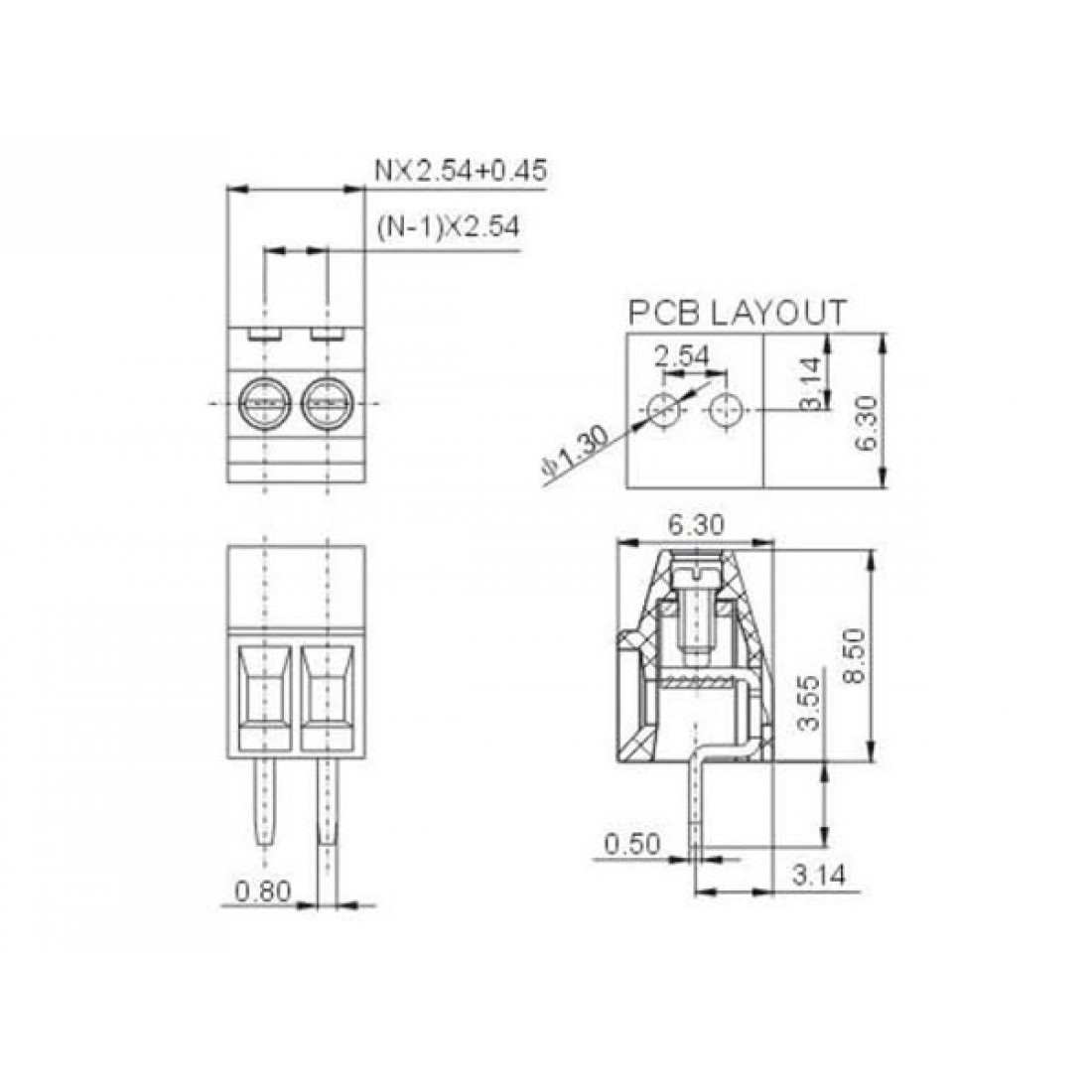 Buy Screw Terminal Block - 2 Pin Wire to Board Connector, 2.54mm Pitch ...