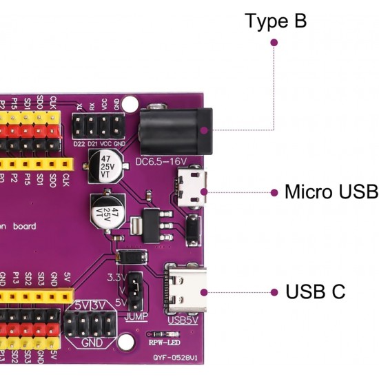 38 Pin ESP32 GPIO Expansion Board with Type-C USB and Micro USB Dual Interface for ESP32 ESP-32 ESP-32S Development Board - Purple Color