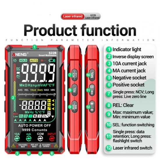 ANENG 622B Digital Smart Multimeter 10A Auto-Ranging True RMS Tester with 9999 Counts, AC/DC Voltage, Current, Resistance & Capacitance ANENG 622B Digital Smart Multimeter 10A Auto-Ranging True RMS Tester with 9999 Counts, AC/DC Voltage, Current, Resistance & Capacitance