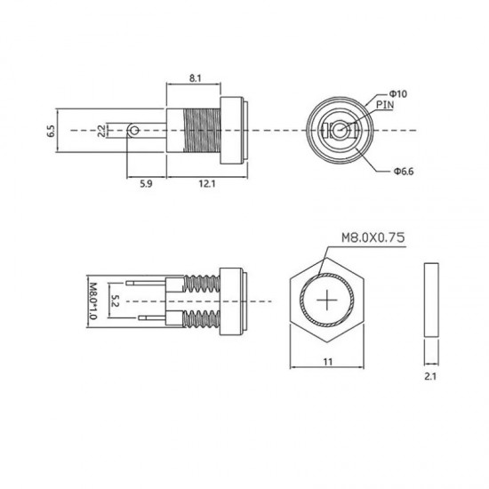 DC-022B- 5.5mm x 2.1mm Panel Mount Type DC Female Jack Connector