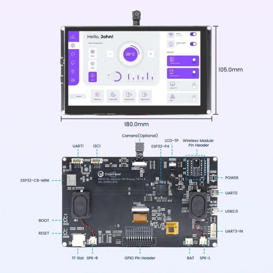 Elecrow CrowPanel Advanced 7inch |ESP32-P4 HMI AI Display 1024x600 IPS Touch Screen with WiFi 6 Compatible with Arduino/LVGL - Without Camera Elecrow CrowPanel Advanced 7inch |ESP32-P4 HMI AI Display 1024x600 IPS Touch Screen with WiFi 6 Compatible with Arduino/LVGL - Without Camera