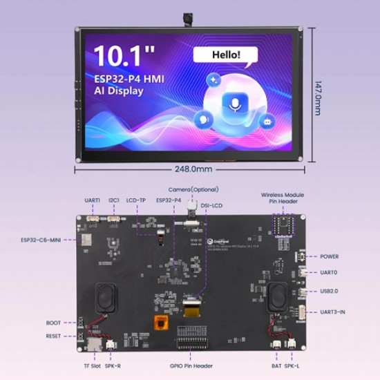 ELECROW CrowPanel Advanced 10.1inch |ESP32-P4 HMI AI Display 1024x600 IPS Touch Screen | WiFi 6 Support|Compatible with Arduino/LVGL-Without Camera (MPN:DHE04310D2)
