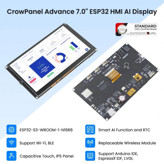 Elecrow CrowPanel Advance 7inch HMI| ESP32-S3 AI-Powered IPS Touch Screen (800x480) | Without Acrylic Case (MPN:DIS02170A-1)