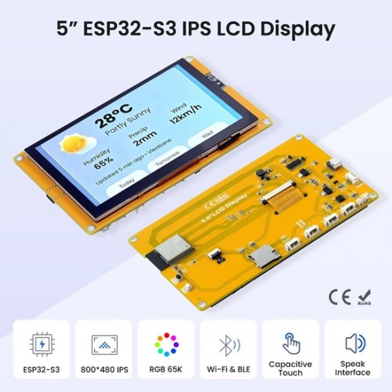 Elecrow 5inch ESP32-S3 IPS Display| 800×480 Capacitive Touchscreen | Supports WiFi/Bluetooth | With Speaker Interface