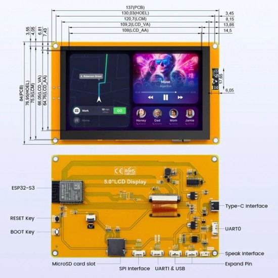 Elecrow 5inch ESP32-S3 IPS Display| 800×480 Capacitive Touchscreen | Supports WiFi/Bluetooth | With Speaker Interface
