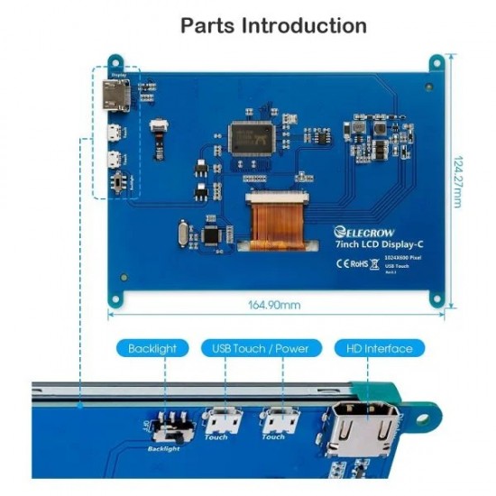 Elecrow RC070 7inch 1024x600 LCD Display With IPS Touch Screen| Compatible with Windows/Raspberry Pi (MPN:ESP01215E)