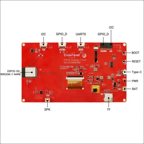 Elecrow CrowPanel 7inch HMI ESP32 Display 800x480 RGB TFT LCD Touch Screen Compatible with Arduino/LVGL/ PlatformIO/Micropython - Without Acrylic Case