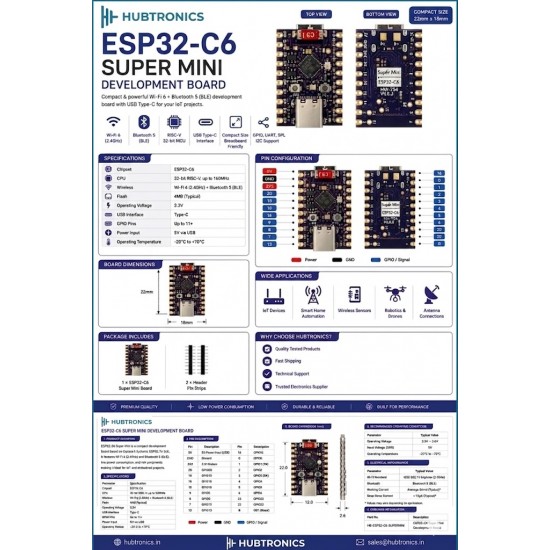 ESP32-C6 Super Mini Development Board - Based On ESP32-C6FH4 - WiFi 6 & Bluetooth 5 - Unsoldered Header (HW-754) ESP32-C6 Super Mini Development Board - Based On ESP32-C6FH4 - WiFi 6 & Bluetooth 5 - Unsoldered Header (HW-754)