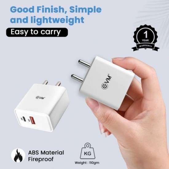 EVM EnSpeed 36W USB QC+PD Power Adapter - 1 USB A Port & 1 USB Type C Port EVM EnSpeed 36W USB QC+PD Power Adapter - 1 USB A Port & 1 USB Type C Port