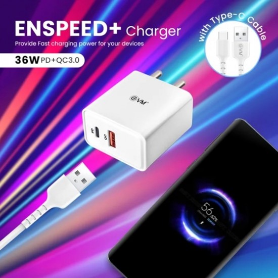 EVM EnSpeed 36W USB QC+PD Power Adapter - 1 USB A Port & 1 USB Type C Port EVM EnSpeed 36W USB QC+PD Power Adapter - 1 USB A Port & 1 USB Type C Port