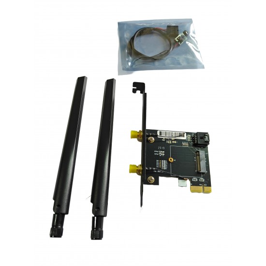NGFF M.2 to Desktop PCI-E Adapter Board with Mounting Plate, Screws, Cables & Antennas NGFF M.2 to Desktop PCI-E Adapter Board with Mounting Plate, Screws, Cables & Antennas