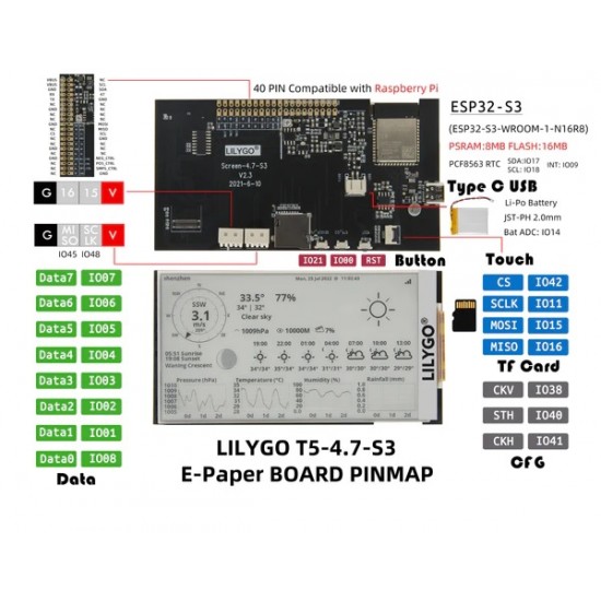 LILYGO T5 4.7 Inch E-paper V2.3 ESP32-S3 WI-FI Bluetooth Module - Solder Version (H580)