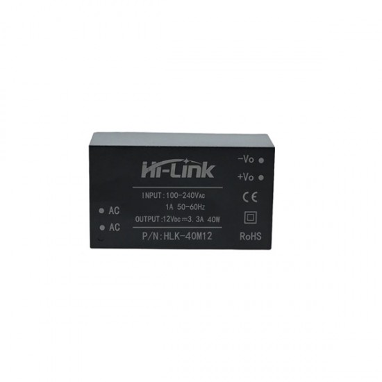 Hi-Link HLK-40M12 40W Isolated AC-DC Power Supply Module | 85–265VAC to 12V 3.3A DC Hi-Link HLK-40M12 40W Isolated AC-DC Power Supply Module | 85–265VAC to 12V 3.3A DC