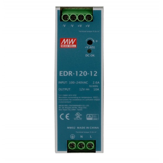 Mean Well EDR-120-12 12V 10A 120W Industrial DIN Rail Power Supply - Single Output Mean Well EDR-120-12 12V 10A 120W Industrial DIN Rail Power Supply - Single Output