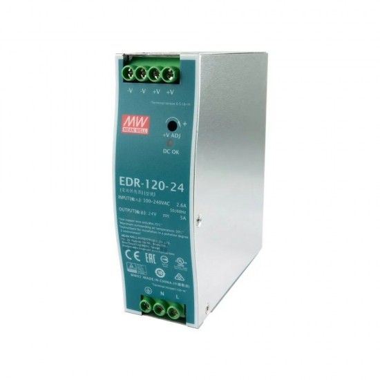 Mean Well EDR-120-24 24V 5A 120W Industrial DIN Rail Power Supply - Single Output Mean Well EDR-120-24 24V 5A 120W Industrial DIN Rail Power Supply - Single Output