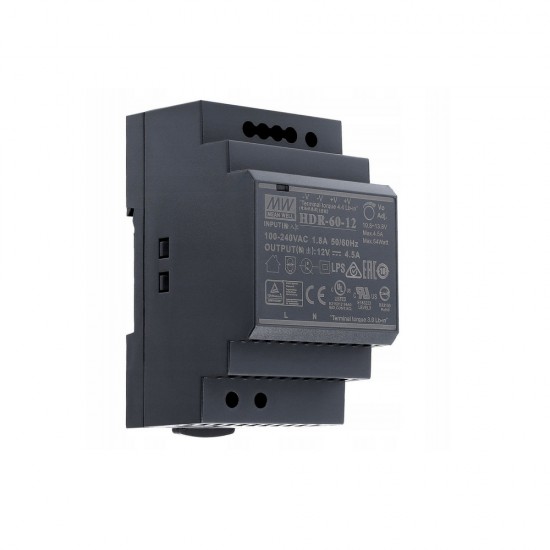 Mean Well HDR-60-12 12V 4.5A 54W DIN Rail Power Supply - Single Output Mean Well HDR-60-12 12V 4.5A 54W DIN Rail Power Supply - Single Output
