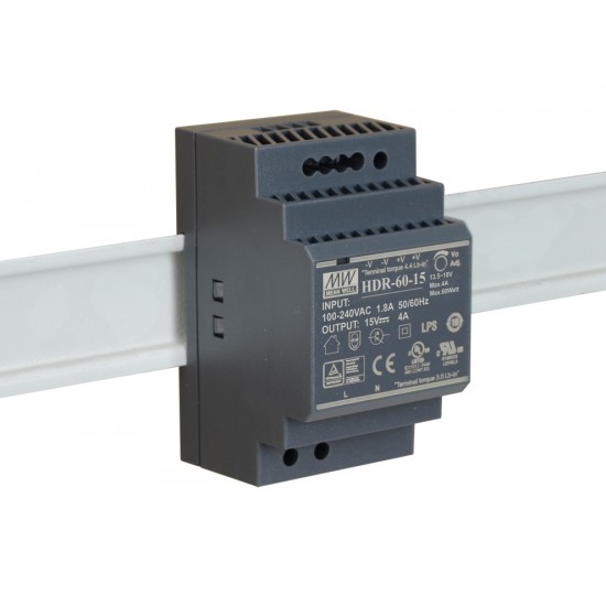 Mean Well HDR-60-15 15V 4A 60W DIN Rail Power Supply - Single Output