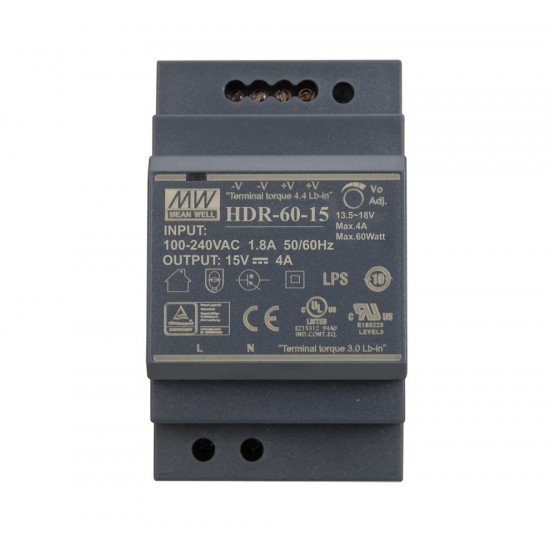 Mean Well HDR-60-15 15V 4A 60W DIN Rail Power Supply - Single Output
