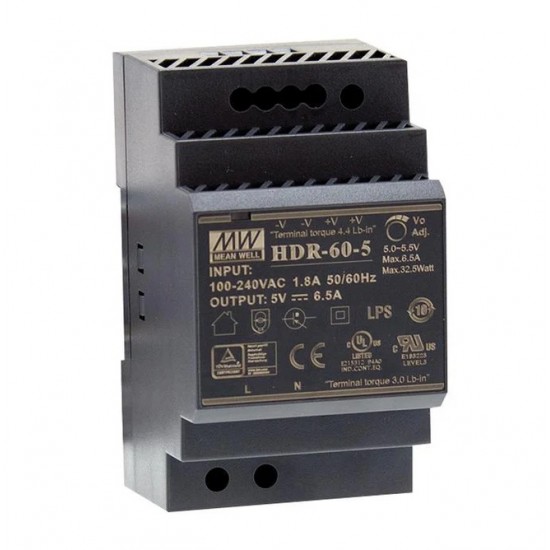 Mean Well HDR-60-5 5V 6.5A 32.5W DIN Rail Power Supply - Single Output Mean Well HDR-60-5 5V 6.5A 32.5W DIN Rail Power Supply - Single Output