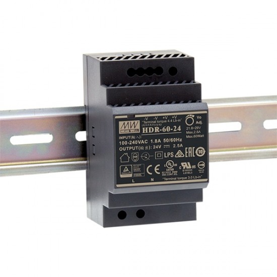 Mean well HDR-60-24 24V 2.2A 60W DIN Rail Power Supply - Single Output