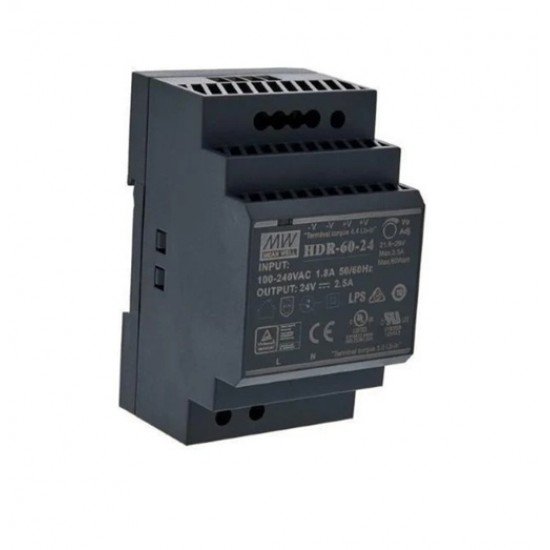 Mean well HDR-60-24 24V 2.2A 60W DIN Rail Power Supply - Single Output
