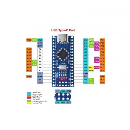 Unsoldered Nano V3.0 - ATmega328P 5V 16MHz CH340G - USB Type C Interface - Without USB Cable