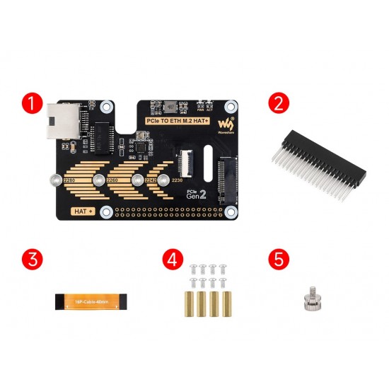 PCIe To ETH And M.2 Adapter for Raspberry Pi 5, Compatible with 2280 / 2260 / 2242 / 2230 size NVMe M.2 SSD, 5Gbps Data Rate, High-speed Reading/Writing, Raspberry Pi 5 NVMe HAT