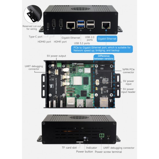 Multi-functional All-in-one Mini-Computer Kit for Raspberry Pi 5 (NOT included), Aluminum Alloy Case, Support PCIe To Gigabit Ethernet Port
