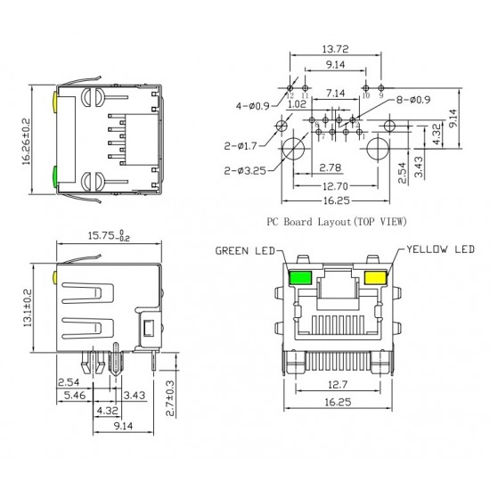 RJ45 8P8C Modular Socket Right Angle With LEDs - Single Port Ethernet LAN Female Connector