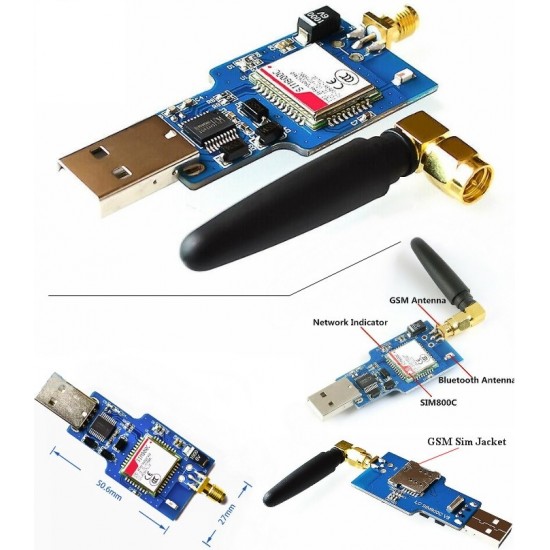 USB To GSM Serial GPRS SIM800C Module Wireless Bluetooth Board Sim900A Computer Control Calling With Antenna