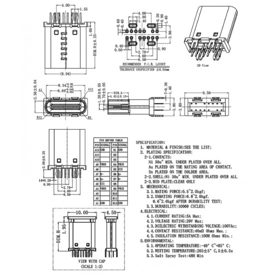 USB 3.1 Type C 14Pin Female Connector - Vertical Type - Through Hole PCB Mount