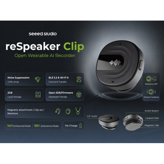 Seeed Studio reSpeaker Clip – Open Wearable AI Recorder - 2GB Inbuilt Storage & Battery  - 0.5inch 88*48 OLED Display (MPN: 100020126)
