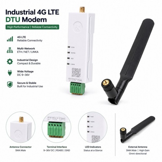 USR-DR154 RS485 to 4G LTE CAT-1 Din Rail 4G LTE modem (Antenna Included) USR-DR154 RS485 to 4G LTE CAT-1 Din Rail 4G LTE modem (Antenna Included)