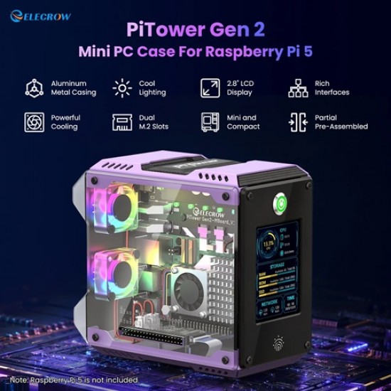 Elecrow PiTower Gen 2 Mini PC Case with 2.8inch IPS Screen | Dual SSD Slot Designed for Raspberry Pi 5 (MPN: MOA01102D)