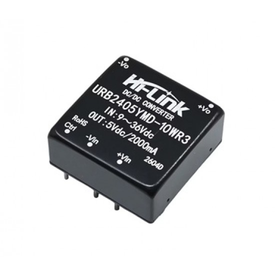 Hi-Link URB2405YMD-10WR3 10W Isolated DC-DC Power Converter Module, 24V Input (9-36V), 5V 2A Output, 1500V Isolation, DIP Package Hi-Link URB2405YMD-10WR3 10W Isolated DC-DC Power Converter Module, 24V Input (9-36V), 5V 2A Output, 1500V Isolation, DIP Package