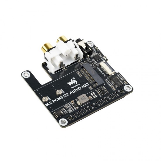 Waveshare PCIe To M.2 HAT With I2S Audio Extension For Raspberry Pi, Supports NVMe Protocol Solid State Drive, Onboard 3.5mm Headphone Jack And RCA Connector, Driver-free