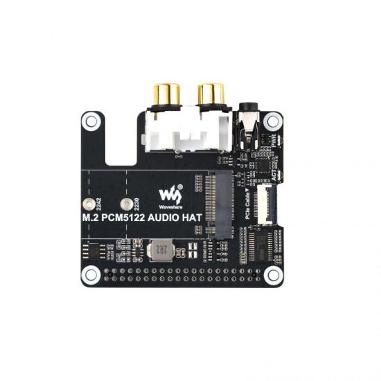 Waveshare PCIe To M.2 HAT With I2S Audio Extension For Raspberry Pi, Supports NVMe Protocol Solid State Drive, Onboard 3.5mm Headphone Jack And RCA Connector, Driver-free