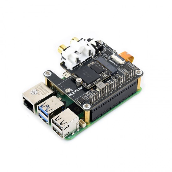 Waveshare PCIe To M.2 HAT With I2S Audio Extension For Raspberry Pi, Supports NVMe Protocol Solid State Drive, Onboard 3.5mm Headphone Jack And RCA Connector, Driver-free