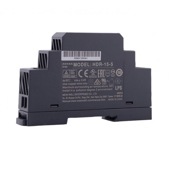Mean Well HDR-15-5 5V 2.4A 12W Ultra Slim DIN Rail AC-DC Switching Power Supply (SMPS)